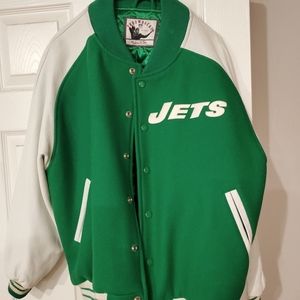 NY JETS THROWBACK LEATHER SLEEVE JACKET